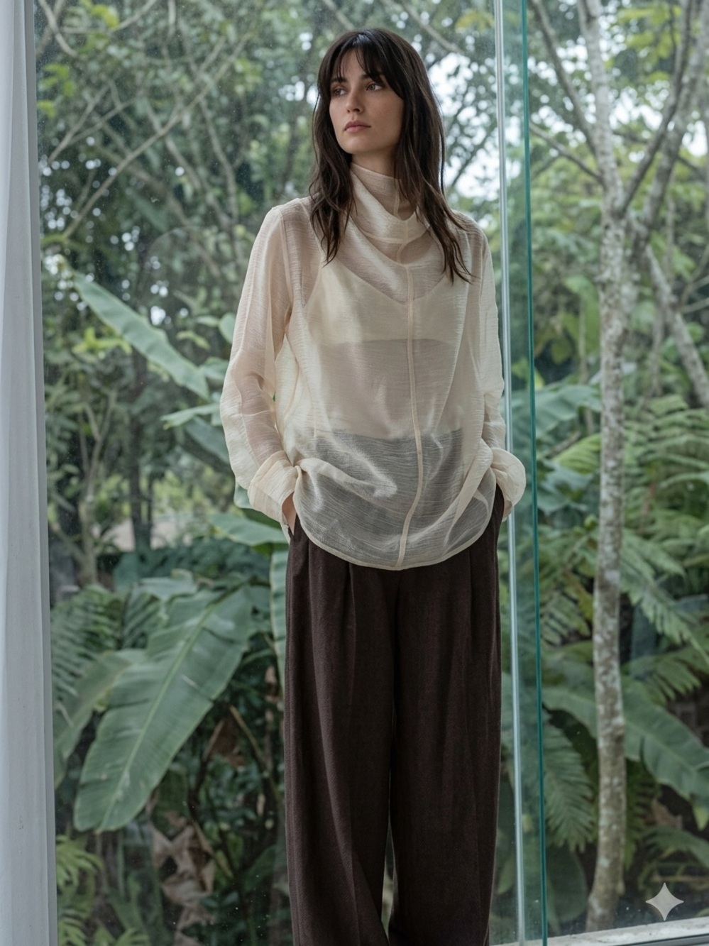Sheer Cream Long-Sleeve Women's Blouse